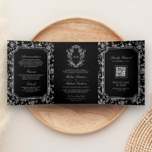 Zwarte Chinoiserie Wapen QR Code Trouwfeest Drieluik Uitnodiging