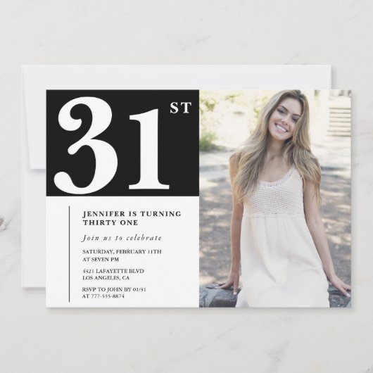 Zwarte chique foto uitnodigingen voor 31e verjaard (Voorkant)