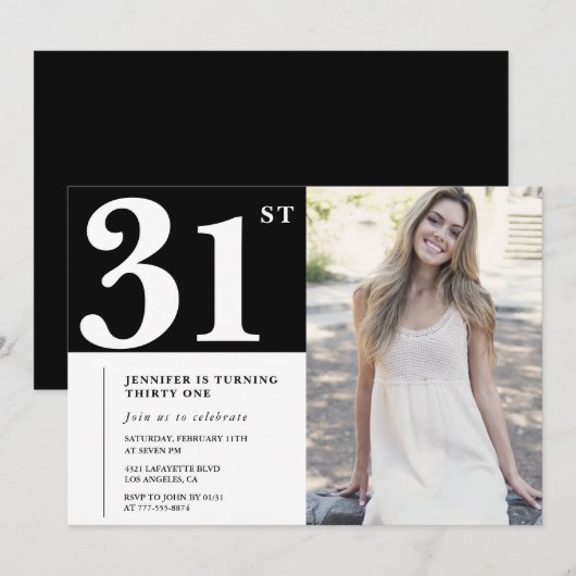 Zwarte chique foto uitnodigingen voor 31e verjaard (Voorkant / Achterkant)
