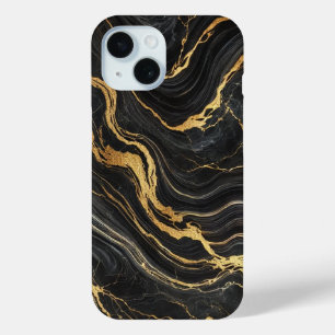 Zwarte chique & gouden metalen marmerlook glamour iPhone 15 case