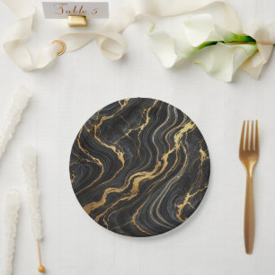 Zwarte chique & gouden metalen marmerlook glamour papieren bordje