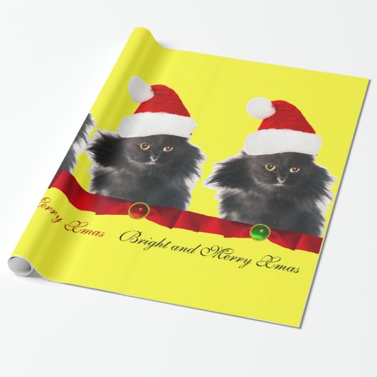 ZWARTE CHRISTMAS CAT, SANTA CLAUS PET EN RED RIBBO CADEAUPAPIER (Uitgerold)
