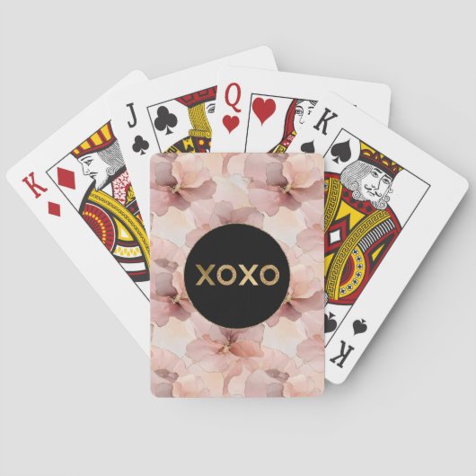 Zwarte Cirkel Blush Roze Bloemen Goud Glitter XOXO Pokerkaarten (Achterkant)