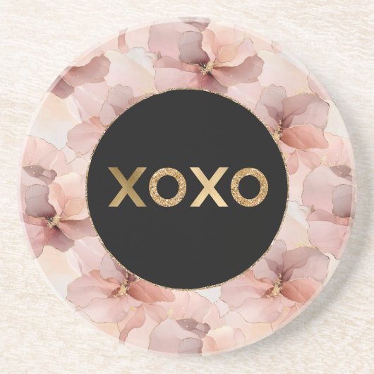 Zwarte Cirkel Blush Roze Bloemen Goud Glitter XOXO Zandsteen Onderzetter (Voorkant)