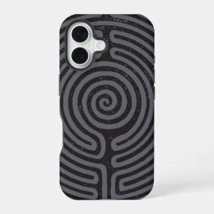 Zwarte cirkel labyrint (grijs) Fine Art iPhone 16 Hoesje