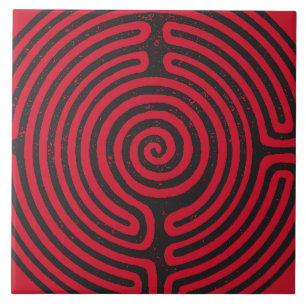 Zwarte cirkel labyrint (rood) Fine Art Tegeltje