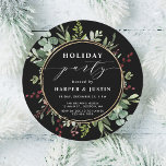 Zwarte cirkel met elegante kerstfeestjes kaart<br><div class="desc">Deze kerst | Vakantiecircuit met opgerapte waterverf eucalyptus,  groene bladeren,  rode bessen,  pijnboomtakken en een faux goudcirkels met stijlvolle kalligrafie | Voor meer geavanceerde aanpassingen van dit ontwerp,  gelieve te klikken "aanpassen verder"verbinding. Overeenkomende objecten zijn ook beschikbaar.</div>