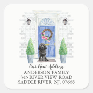 Zwarte Cockapoo Blauwe deur Nieuw adreslabel Vierkante Sticker