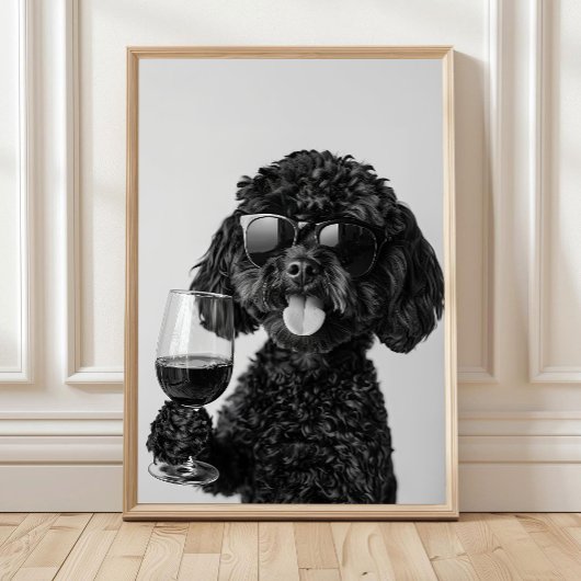 Zwarte Cockapoo Drinkende Wijn Muurkunst, Zwart en Poster