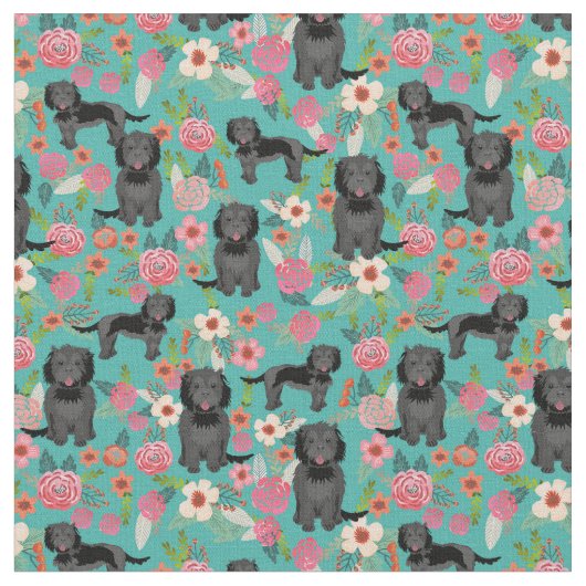 Zwarte cockapoo hond floralen turquoise stof (Close Up)