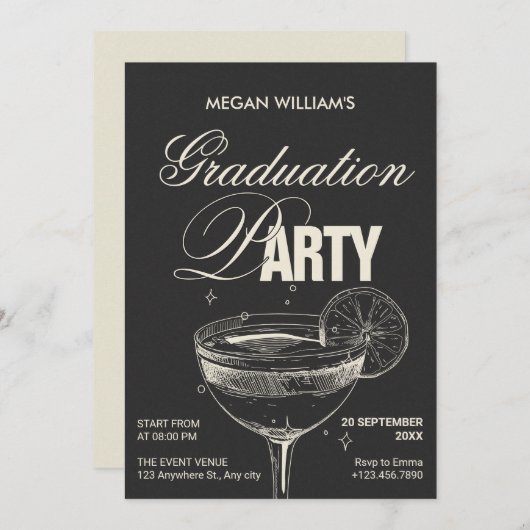 Zwarte  cocktail afstudeerfeest kaart (Voorkant / Achterkant)