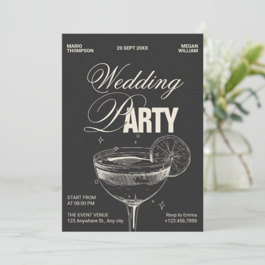 Zwarte  cocktail bruiloft kaart (Staand voorkant)