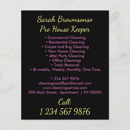 Zwarte commerciële schoonmaakster huishoudelijke r flyer (Achterkant)