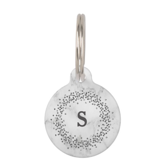 Zwarte confetti op marmer look | Monogram Huisdierpenning (Voorkant)