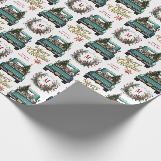 Zwarte Coonhound Hond Retro Truck Monogram Kerstmi Cadeaupapier (Hoek)