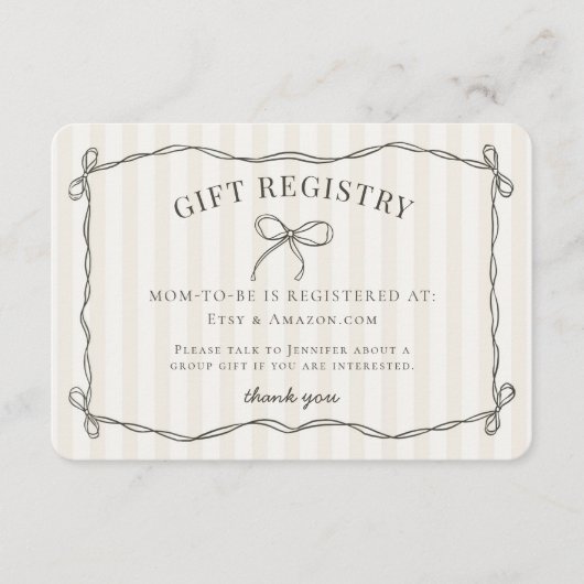 Zwarte Coquette Bow Beige Baby shower Registry Informatiekaartje (Voorkant)
