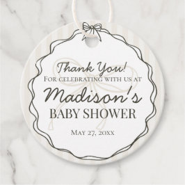 Zwarte Coquette Bow Beige Gestreept Baby shower Bedankjes Labels