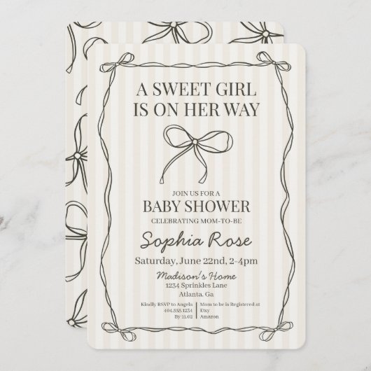 Zwarte Coquette Bow Beige Gestreept Baby shower Kaart (Voorkant / Achterkant)