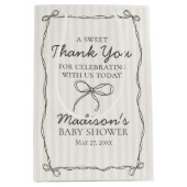 Zwarte Coquette Bow Beige Gestreepte Baby shower F Medium Cadeauzakje (Voorkant)