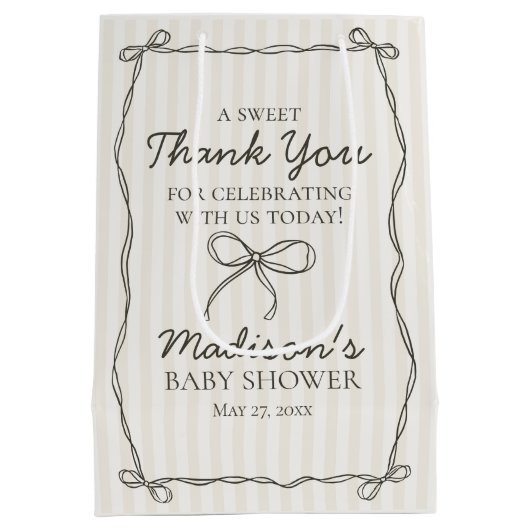 Zwarte Coquette Bow Beige Gestreepte Baby shower F Medium Cadeauzakje (Achterkant)