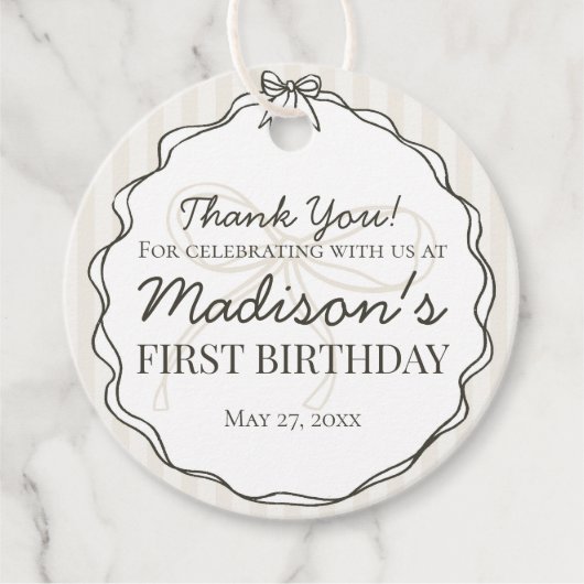 Zwarte Coquette Bow Beige Gestreepte Verjaardag Bedankjes Labels (Voorkant)