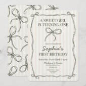 Zwarte Coquette Bow Beige Gestreepte Verjaardagsfe Kaart (Voorkant / Achterkant)