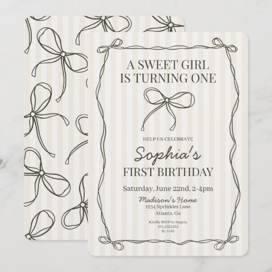 Zwarte Coquette Bow Beige Gestreepte Verjaardagsfe Kaart (Voorkant / Achterkant)