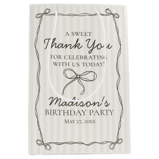 Zwarte Coquette Bow Beige Gestreepte Verjaardagsgu Medium Cadeauzakje (Voorkant)