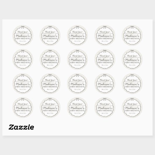Zwarte Coquette Bow Beige Gestreepte Verjaardagsgu Ronde Sticker (Vel)