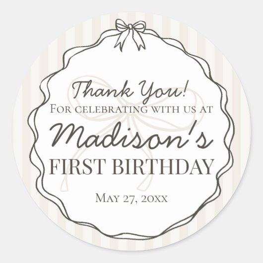 Zwarte Coquette Bow Beige Gestreepte Verjaardagsgu Ronde Sticker (Voorkant)