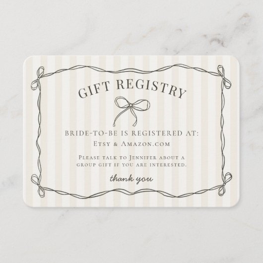 Zwarte Coquette Bow Beige Vrijgezellenfeest Regist Informatiekaartje (Voorkant)