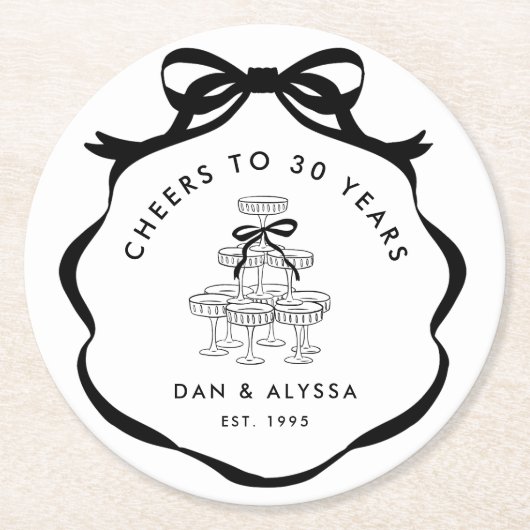 Zwarte Coquette Bow Cheers Champagne Tower Ronde Kartonnen Onderzetter (Voorkant)