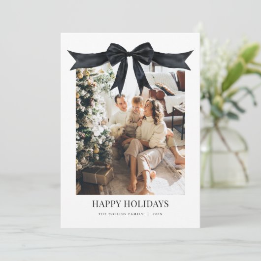 Zwarte Coquette Bow Foto Kerst Kaart (Staand voorkant)