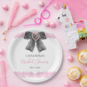 Zwarte Coquette Bow Roze Kant Vrijgezellenfeest Papieren Bordje (Feest)