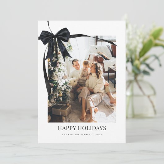 Zwarte Coquette Bow Vakantiefoto Kerst Kaart (Staand voorkant)