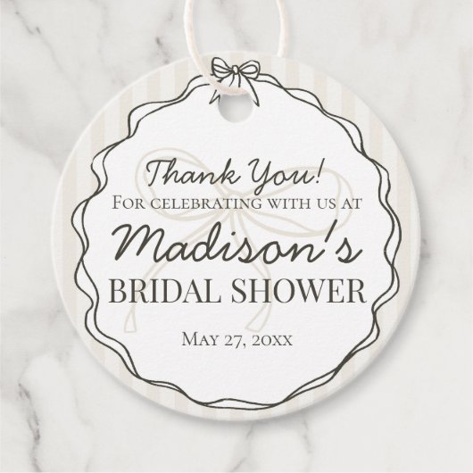 Zwarte Coquette Strik Beige Gestreepte Bruids Show Bedankjes Labels (Voorkant)