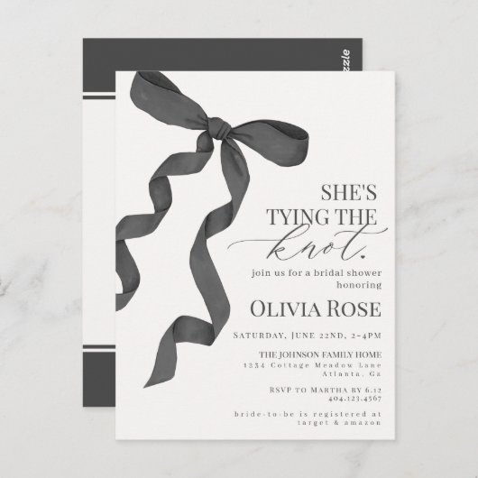 Zwarte Coquette Strik Bruidsfeest Uitnodiging (Voorkant / Achterkant)