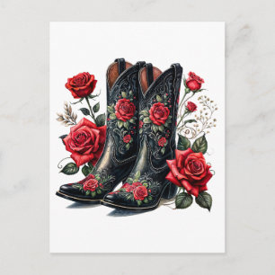 Zwarte Cowboylaarzen Met Rode Rozen Briefkaart