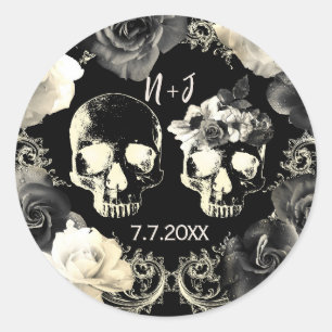 Zwarte Crème Grijze Skelet Schedel Gotische Trouwd Ronde Sticker