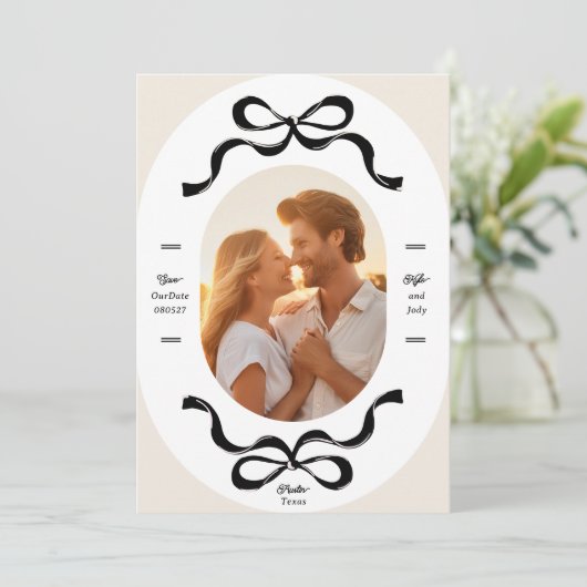 Zwarte Crème LINTEN & Bogen Foto bruiloft Save The Date (Staand voorkant)