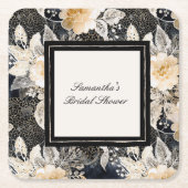 Zwarte Crème Luipaard Dier Bloemige Bruiloft Kartonnen Onderzetters (Voorkant)