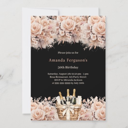 Zwarte crème rozen bloemen boho verjaardag kaart (Voorkant)