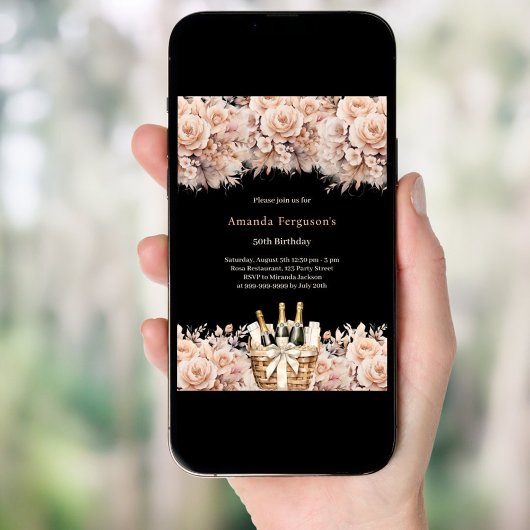 Zwarte crème rozen bloemen boho verjaardag kaart