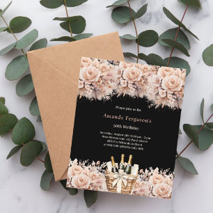 Zwarte crème rozen bloemen boho verjaardagsuitnodi