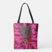 ZWARTE CUPIDO KANTEN HART ROZE FUCHSIA EDELSTEEN M TOTE BAG (Achterkant)