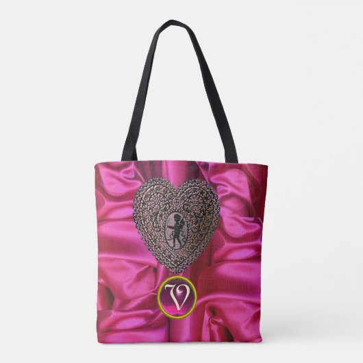 ZWARTE CUPIDO KANTEN HART ROZE FUCHSIA EDELSTEEN M TOTE BAG (Achterkant)