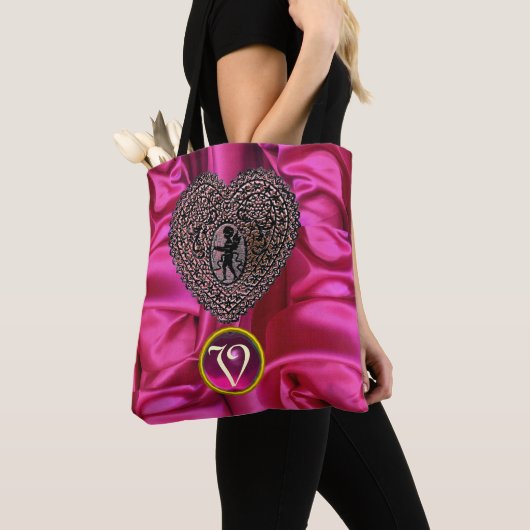 ZWARTE CUPIDO KANTEN HART ROZE FUCHSIA EDELSTEEN M TOTE BAG (Dichtbij)