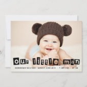 Zwarte Cut-Out Typografie Baby Boy Foto Geboorte Aankondiging (Voorkant)