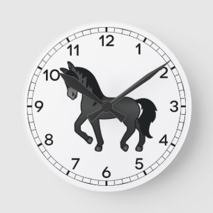 Zwarte Cute Cartoon Dravende Paard Illustratie Ronde Klok