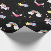Zwarte Cute Regenboog Eenhoorn Ster Magisch Cadeaupapier (Hoek)